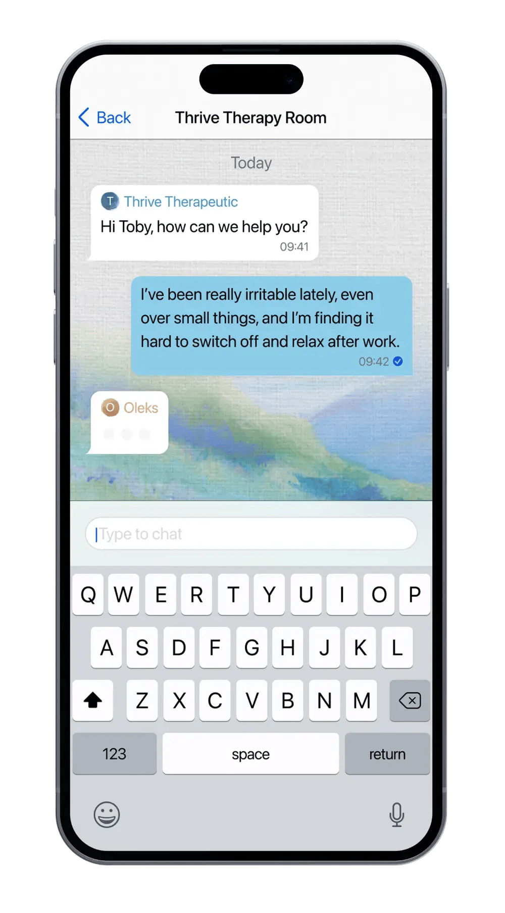Chat therapy shown on the Thrive mobile app