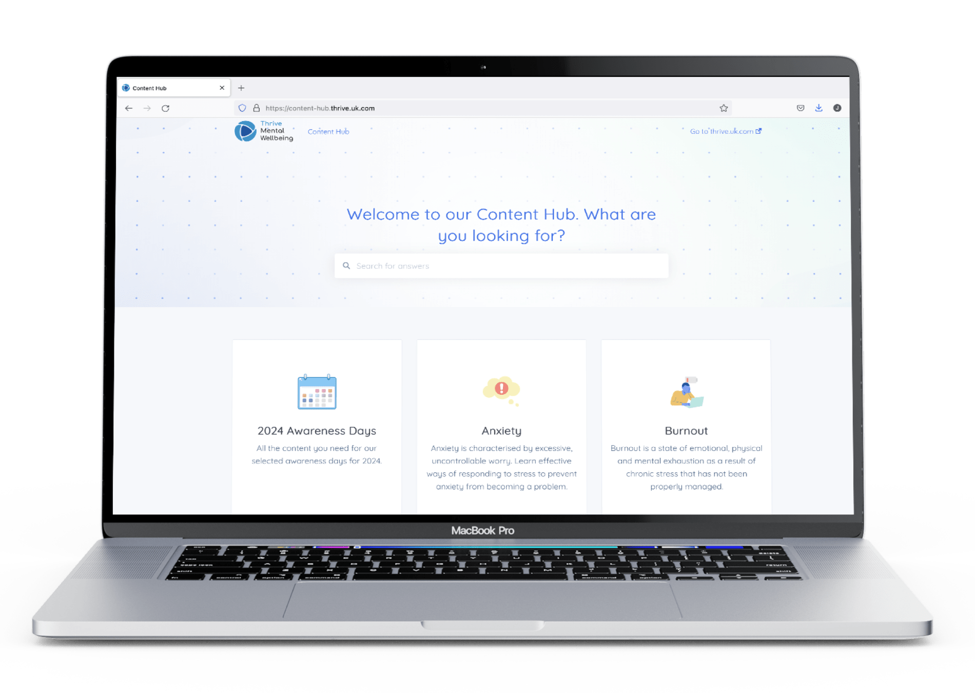 A image of a Macbook Mockup featuring the Thrive Content hub web page