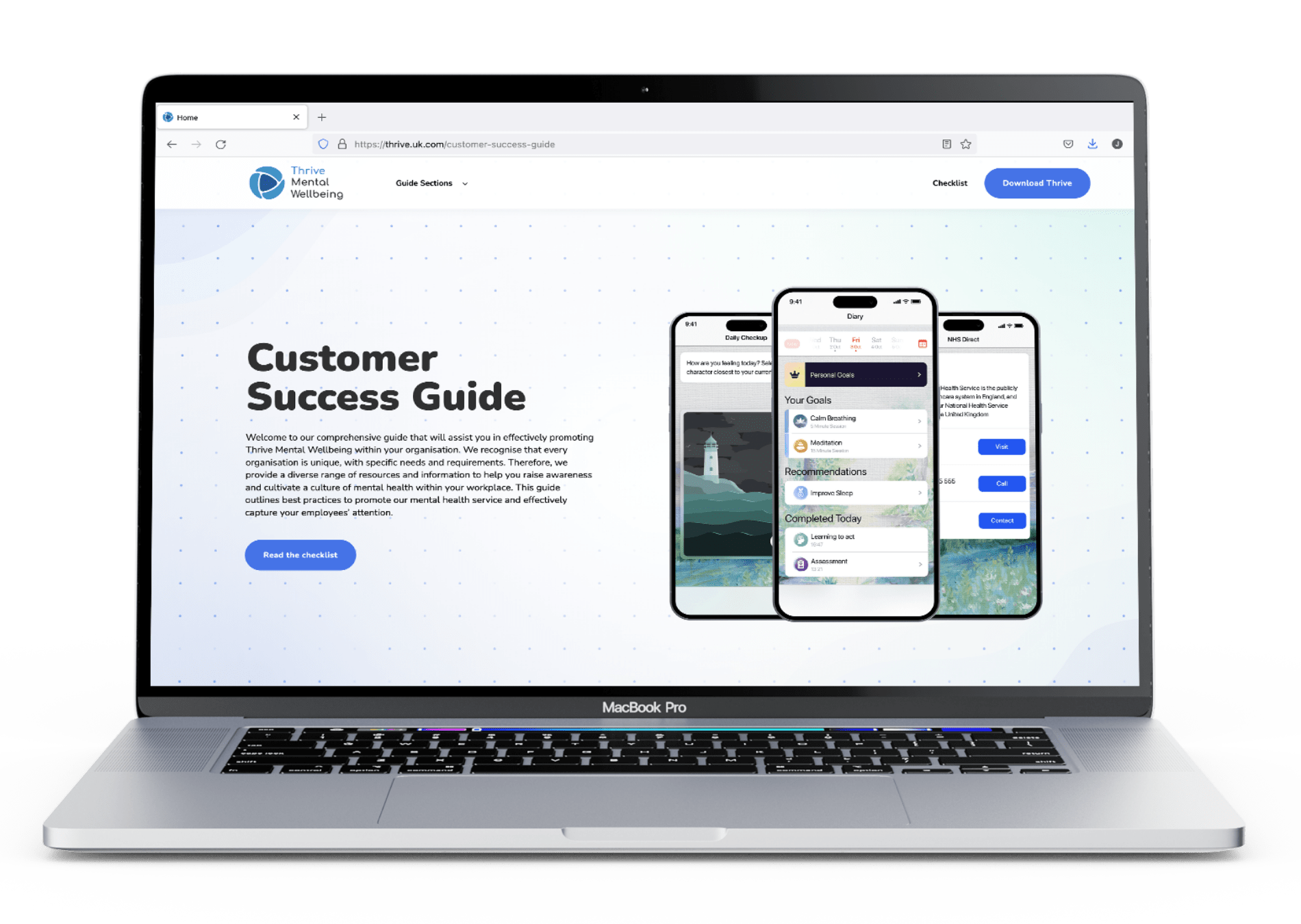A image of a Macbook Mockup featuring the Thrive Customer Success Guide web page